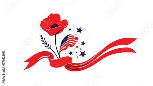 Red Poppies with American Flag Ribbon Veterans Day Design