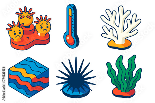 Coral Bleaching Icons. Isometric vector illustration set Coral Bleaching: Stressed Polyps, Thermometer, White Coral, Warming