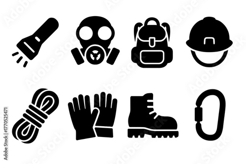 Urban Exploration Icons. Solid style icons of Urban Exploration: flashlight, gas mask, backpack, hard hat, rope, gloves, steel