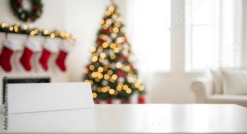 Festive christmas scene with decorated tree and fireplace in blurred background