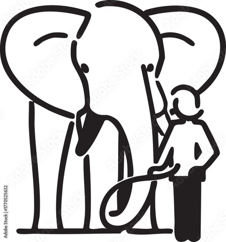 Stylized line art depicting a person taming a large elephant with a rope