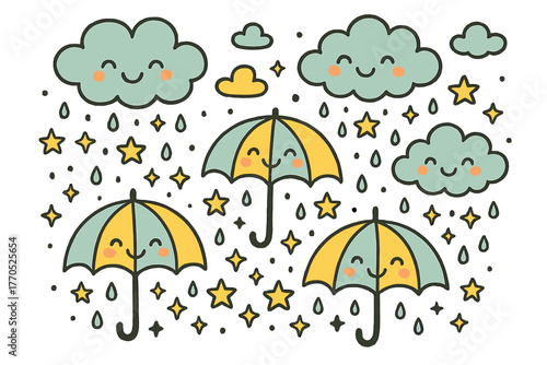 Smiling Umbrellas in Rain. Delightful doodle vector artwork of precipitation shaped like smiling umbrellas and clouds raining