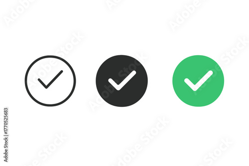 Checkmark Styles Showcase. Minimalist task done icon: three identical checkmarks inside circles in a row, first in line style with