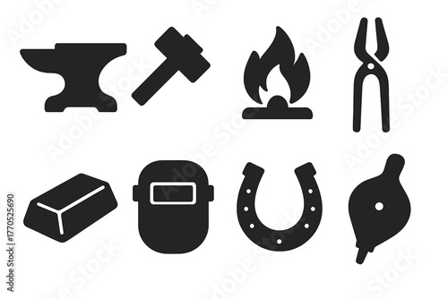 Blacksmith Workshop Icons. Solid style icons of blacksmith workshop: anvil, hammer, forge fire, tongs, metal ingot, protective