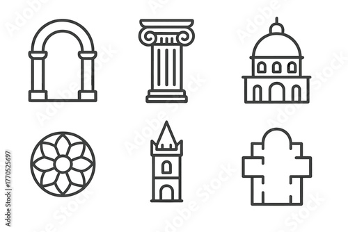 Renaissance Architecture Icons. Line style icons of Renaissance architecture: arch, column, dome, window rose, tower, floor plan.