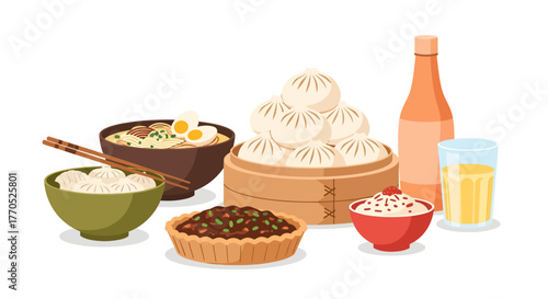 This vector illustration captures a mouth-watering feast of various Asian dishes, including steamed buns, ramen, dumplings, a savory pie, and a sweet dessert