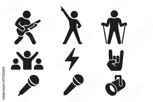 Showmanship Icon Set. Solid style icons of Showmanship: Air Guitar, Stage Pose, Crowd, Invisible Strings, Energy, Hand Gesture,