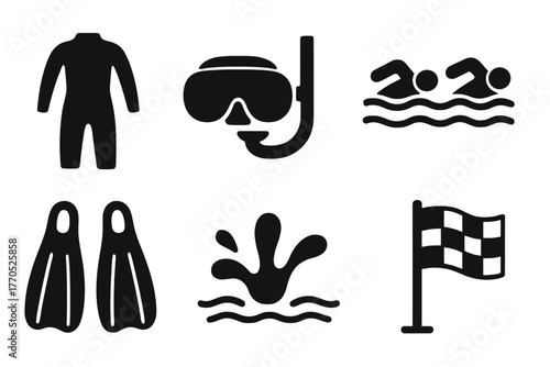 Quirky Water Sports Icons. Solid style icons of Quirky Water Sports: Wet Suit, Snorkel Mask, Peat Bog, Competition, Fins, Goggles,
