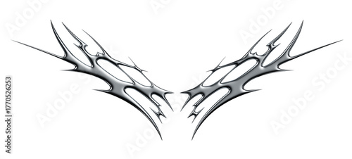 Chrome neo tribal tattoo. Succubus womb sigils and sharp cyber sigilism elements in liquid silver Y2K style	