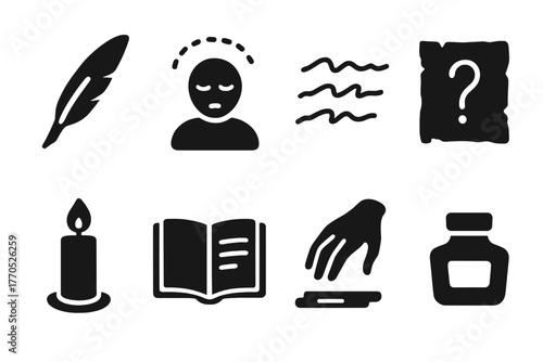 Automatic Writing Elements. Solid style icons of Automatic Writing: Quill Pen, Trance State, Flowing Script, Mysterious Message,