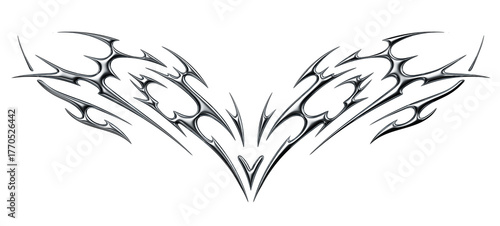 Chrome neo tribal tattoo. Succubus womb sigils and sharp cyber sigilism elements in liquid silver Y2K style	