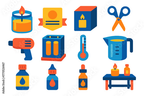 Candle Workshop Icons. Flat vector icons of Candle Business: jar candle, label, ribbon, packaging box, scissors, heat gun, mold,
