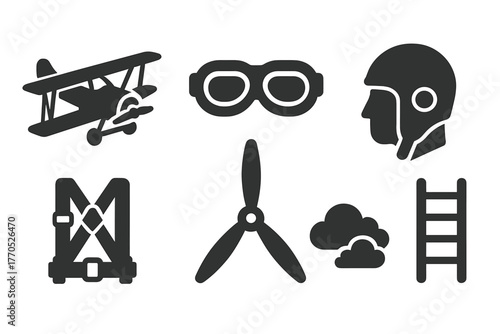 Vintage Aviation Icons. Solid style icons of Vintage Aviation: Biplane, Goggles, Pilot Cap, Harness, Propeller, Sky, Clouds,