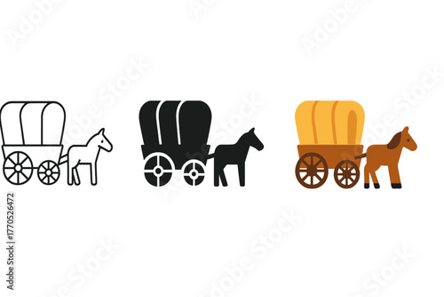 Minimalist Wagon Icons. Minimalist wagon icon: three identical horse-drawn wagon icons in a row, first in line style with thin
