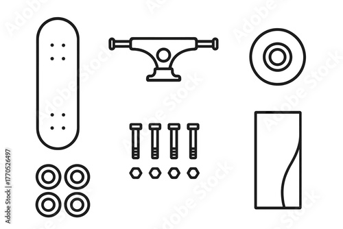 Skateboard Parts Icons. Line style icons of skateboard parts: deck, trucks, wheels, bearings, bolts, grip tape. No text, No labels