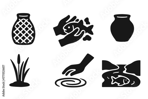 Primitive Fishing Icons. Solid style icons of Primitive Fishing: Woven Basket, Bare Hands, Muddy Fish, Clay Pot, Reed Shore, Water