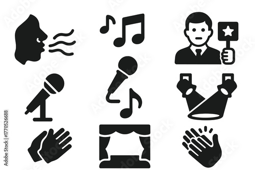 Competitive Whistling Icons. Solid style icons of Competitive Whistling: Pursed Lips, Melody, Judge, Microphone, Music Note,