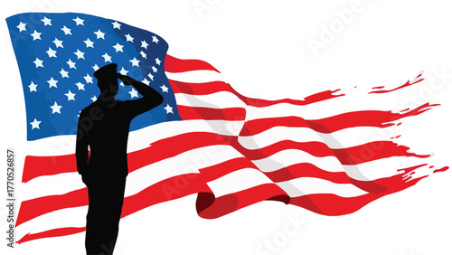 Soldier Saluting American Flag Illustration