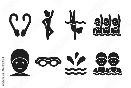 Synchronized Swimming Icons. olid style icons of Synchronized Swimming: Nose Clip, Deck Work, Underwater, Formation, Swim Cap,