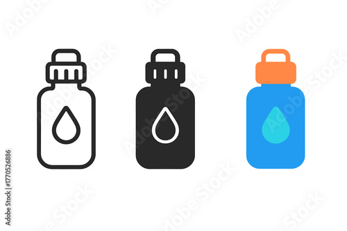 Minimalist Water Bottle Icon. Minimalist water bottle icon: three identical survival water bottles in a row, first in line style