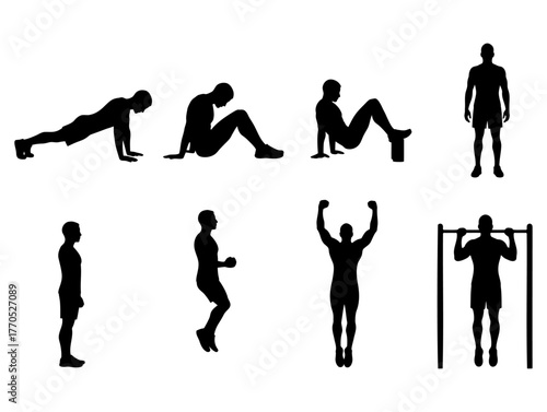 Silhouette icons depicting various exercises and physical fitness activities for a healthy lifestyle
