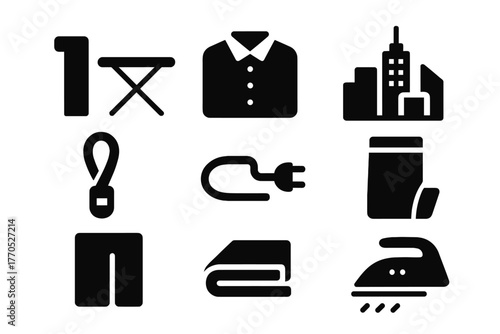 Urban Ironing Icons. Solid style icons of Urban Ironing: Rooftop Edge, Ironing Board, Office Shirt, City Skyline, Safety Strap,