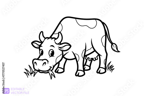 Cute Cartoon Cow Grazing on Grass Line Art Drawing.