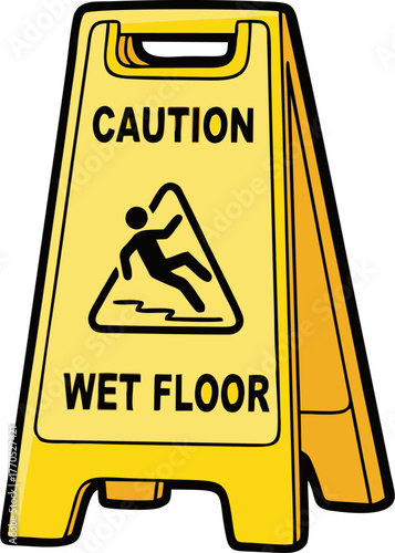Yellow Caution Wet Floor Sign with Slipping Figure Icon.