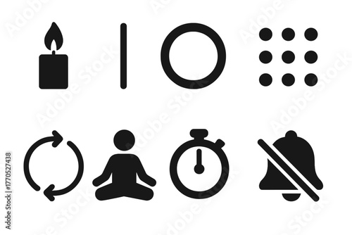 Concentration Practice Icons. Solid style icons of Concentration Practice: Candle Flame, Straight Line, Focus Circle, Dot Grid,