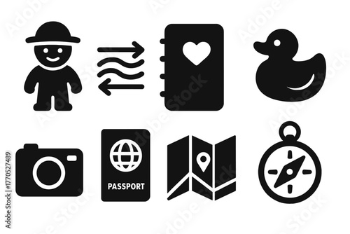 Interactive Travel Icons. Solid style icons of Interactive Travel Toys: Toy Figure, Ocean Current, Notebook, Rubber Duck, Camera,
