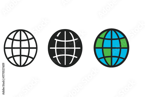 Minimalist Globe Icons. Minimalist globe internet icon: three identical globes with grid lines in a row, first in line style with
