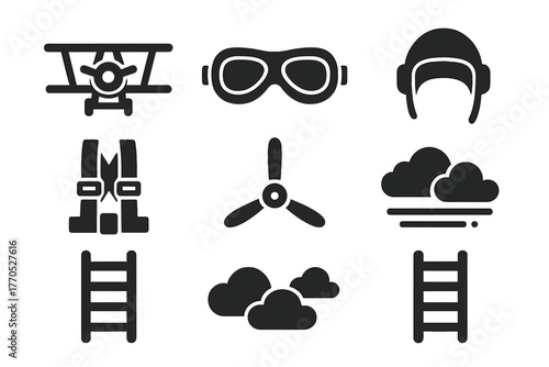 Vintage Aviation Icons. Solid style icons of Vintage Aviation: Biplane, Goggles, Pilot Cap, Harness, Propeller, Sky, Clouds,