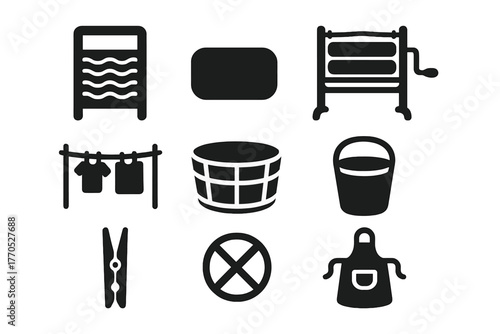Vintage Laundry Icons. Solid style icons of Vintage Laundry: Washboard, Soap, Mangle, Clothesline, Wooden Tub, Bucket, Clothespin,