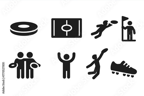 Recreational Disc Icons. Solid style icons of Recreational Flying Disc: Disc, Field, Layout Catch, End Zone, Teammates, Spirit,