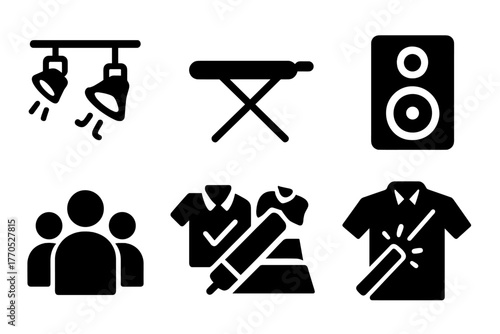 Festival Ironing Icons. Solid style icons of Festival Ironing: Stage Lights, Ironing Board, Steam Iron, Music Speaker,