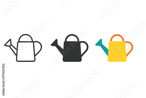 Stylish Watering Icons Trio. Minimalist watering icon: three identical watering can icons in a row, first in line style with thin