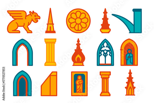 Cathedral Icon Set. Flat vector icons of Cathedral Details: gargoyle, spire, rose window, flying buttress, archway, column, finial