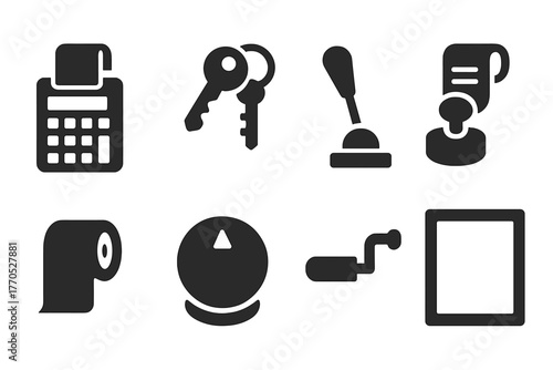 Vintage Office Icons. Solid style icons of Office History: Adding Machine, Keys, Lever, Printed Tape, Paper Roll, Knob, Crank,