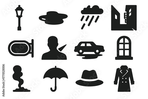 Moody City Elements. Solid style icons of Moody City Elements: Streetlight, Puddle, Rain, Alley, Neon Sign, Shadow, Car, Window,