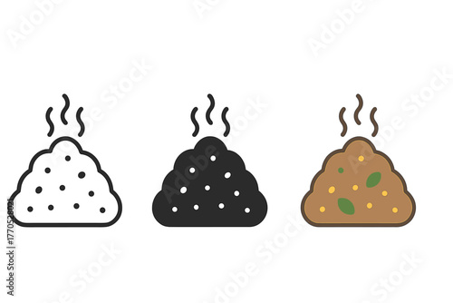 Compost Icon Trio. Minimalist compost pile icon: three identical compost pile icons in a row, first in line style with thin