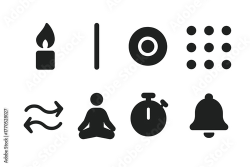 Concentration Practice Icons. Solid style icons of Concentration Practice: Candle Flame, Straight Line, Focus Circle, Dot Grid,