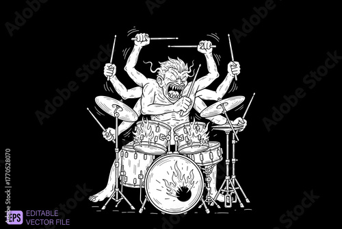 Multi Armed Drummer Playing Drums with Intense Energy.