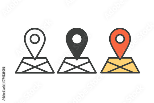 Minimalist Map Pin Icons. Minimalist map pin icon: three identical location pins on a map in a row, first in line style with thin