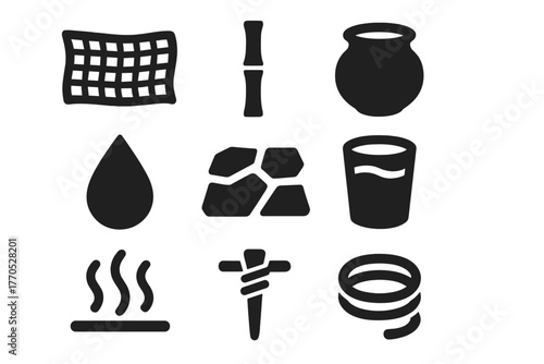 Primitive Fog Tools Icons. Solid style icons of Primitive Fog Tools: Cloth Mesh, Bamboo Stick, Clay Pot, Droplet Line, Desert