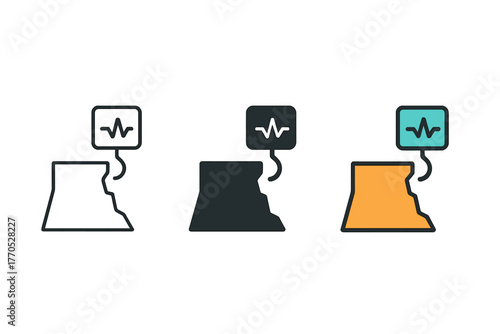 Cliff Monitoring Icons. Minimalist cliff monitoring icon: three identical cliff with measurement tools icons in a row, first in