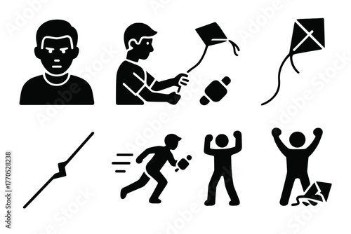 Kite Fighting Icon. Solid style icons of Skilled Kite Fighter: Focused Face, Kite Control, Reel Grip, High Flying Kite, Sharp Line