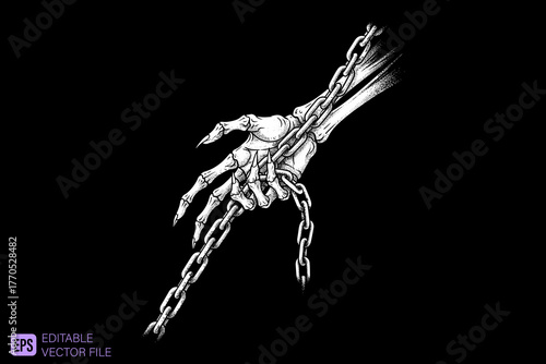 Skeleton Hand with Chains in Black and White Illustration.
