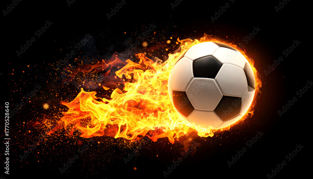 Naklejka premium Burning football in motion with fiery trail, dynamic sports and competition concept.