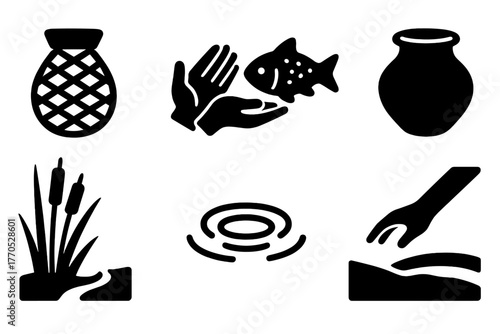 Primitive Fishing Icons. Solid style icons of Primitive Fishing: Woven Basket, Bare Hands, Muddy Fish, Clay Pot, Reed Shore, Water