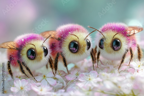 Three bumblebees on white flowers in fantasy art style
